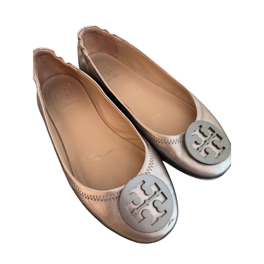 Tory Burch Metallic Rose Gold Leather Ballet Flats Scalloped Edge & Logo 6.5M